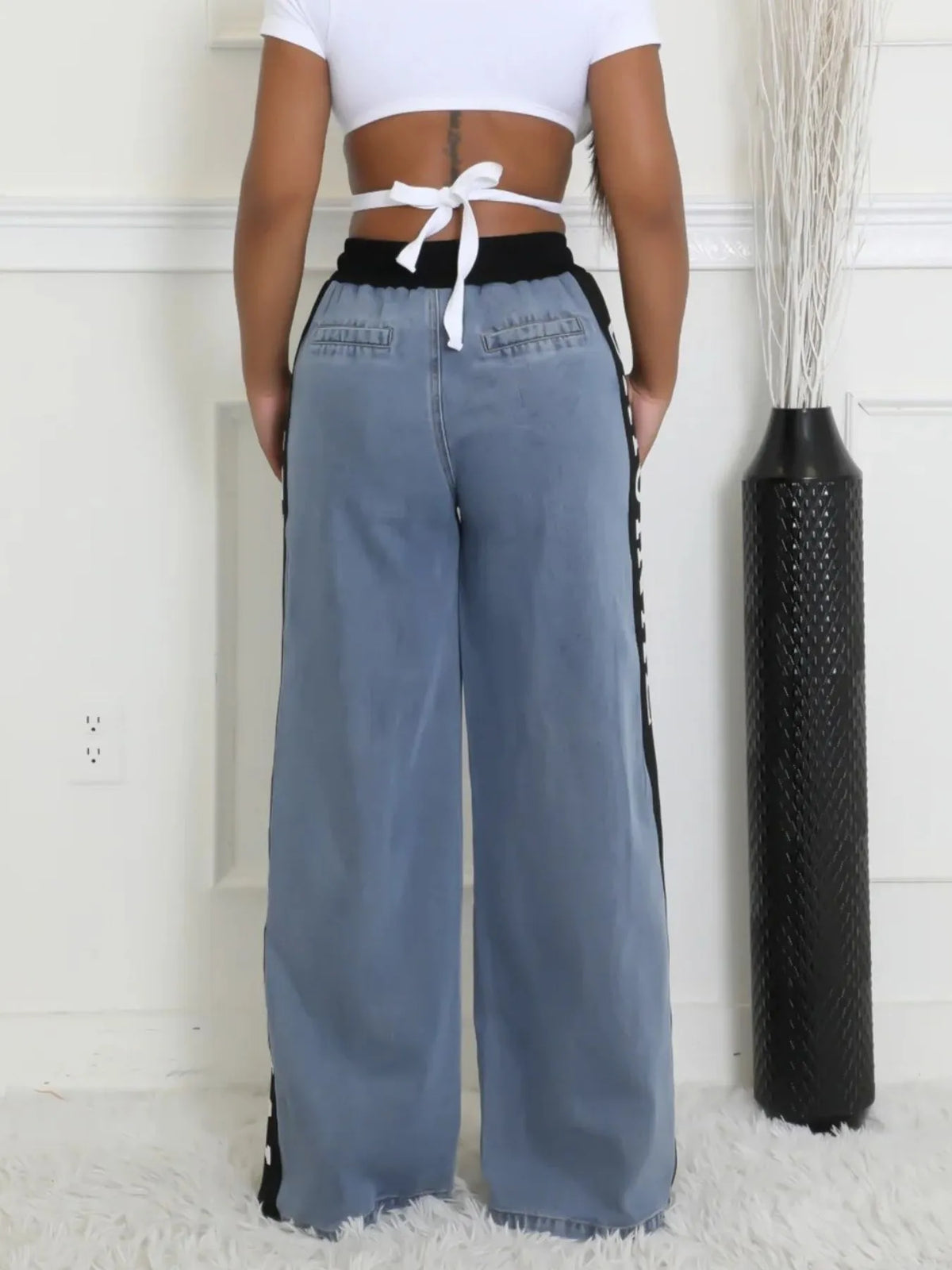 High Waist Wide Leg Denim Jeans with Side Letter Print - Ladyez