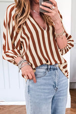 Striped Notched Half Sleeve Casual Blouse