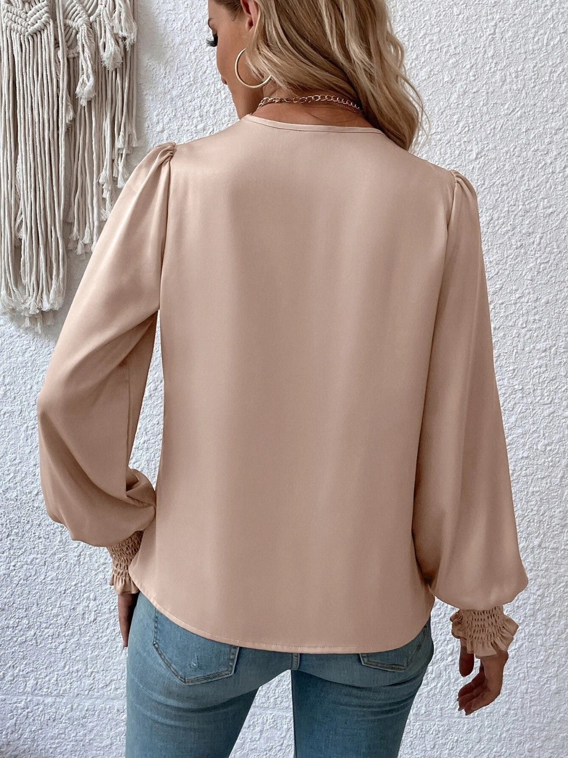 Surplice Smocked Lantern Sleeve Blouse - Ladyez