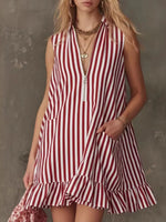 Striped Zipper Neck Ruffle Hem Dress