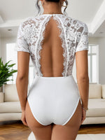 Perfee Cutout V-Neck Short Sleeve Lace Bodysuit - Ladyez
