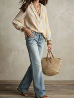 Striped Ruffle-Trim V-Neck Blouse