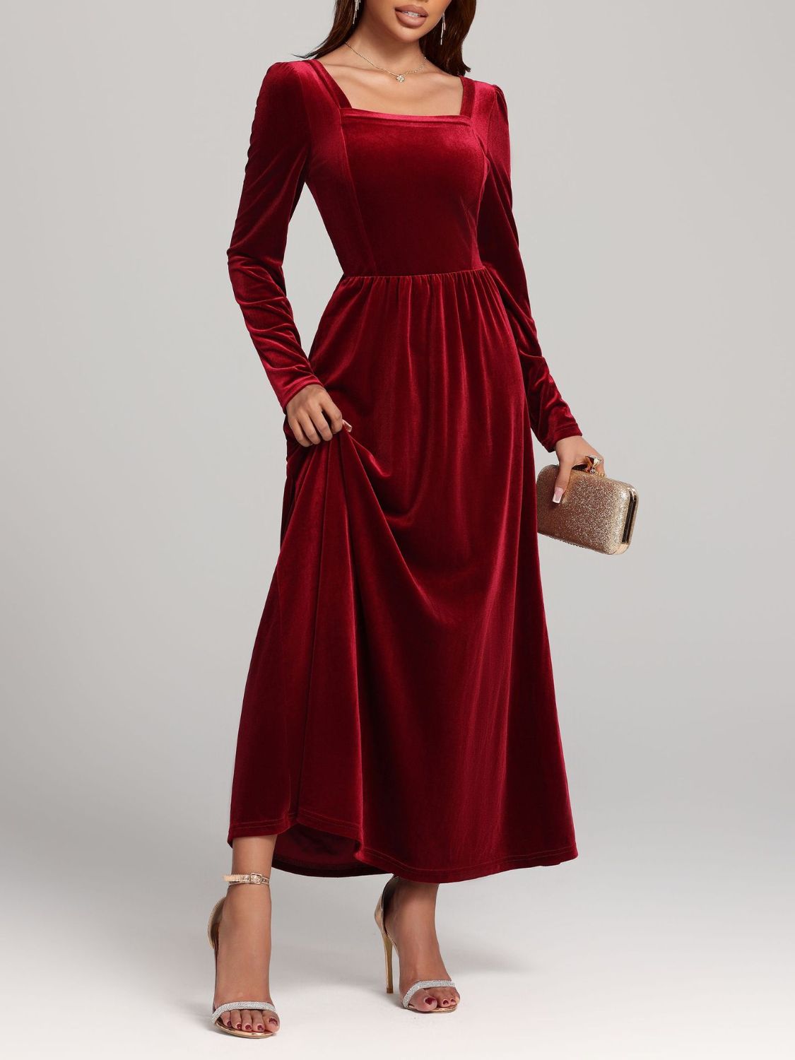 Velvet Square Neck Long Sleeve Dress - Ladyez