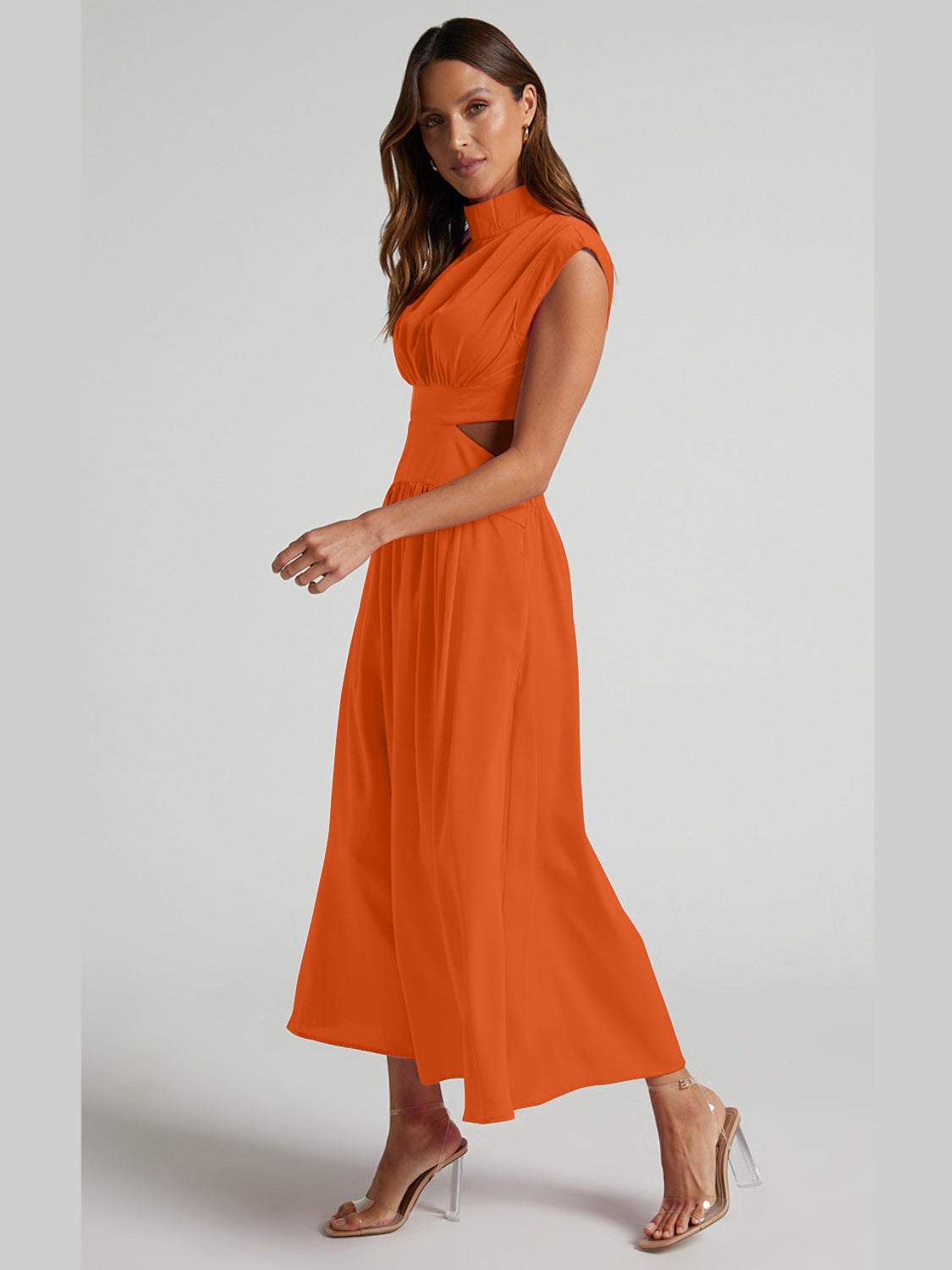 Cutout Mock Neck Sleeveless Ruched Dress - Ladyez