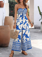 Floral Print Tie Front Strapless Wide Leg Jumpsuit