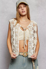 POL Tie Front Floral Pattern Crochet Vest with Scalloped Edge