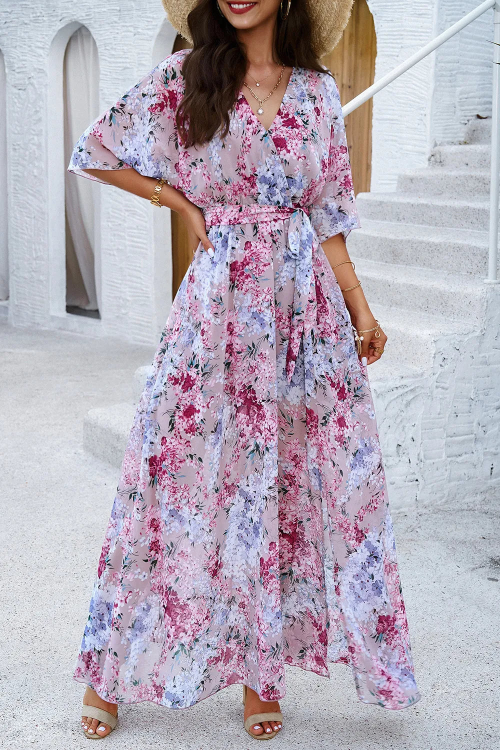Devine Printed Tied Half Sleeve Slit Dress - Ladyez