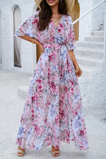 Devine Printed Tied Half Sleeve Slit Dress - Ladyez