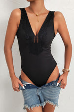 Perfee Spliced Lace Deep V Sleeveless Bodysuit - Ladyez