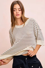 BiBi Stripes Short Sleeves Rib Banded Outseam Knit Top