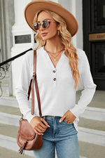 Waffle-Knit Notched Long Sleeve T-Shirt