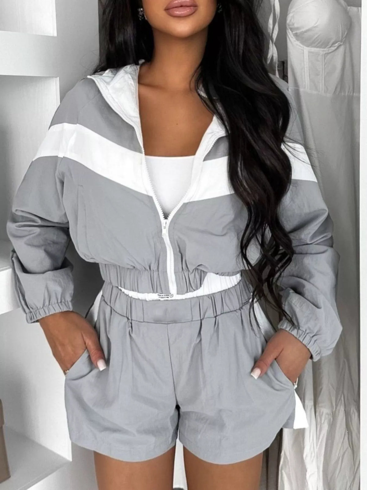 Zip Up Long Sleeve Outerwear and Shorts Set