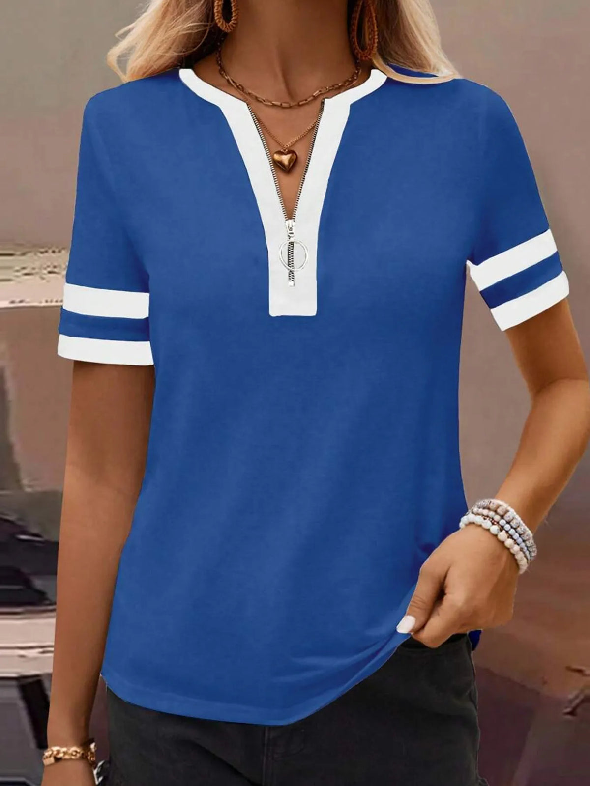 Striped Short Sleeve Half Zip Top - Ladyez