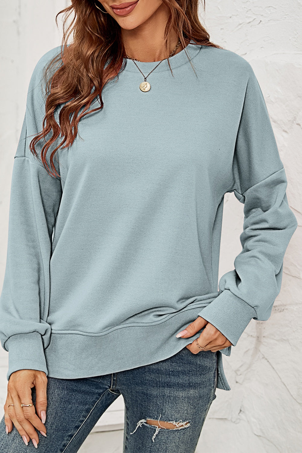 Round NeckDropped Shoulder Slit Sweatshirt