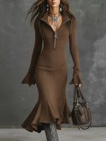 Ribbed Knit Zip Front Flare Hem Midi Dress