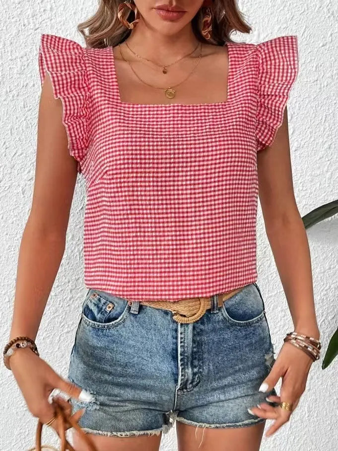 Ruffle Sleeve Gingham Square Neck Top - Ladyez