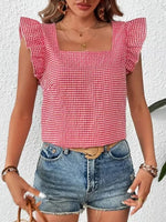 Ruffle Sleeve Gingham Square Neck Top - Ladyez