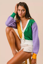 BiBi Mardi Gras Color Block Sequin Sweater Cardigan