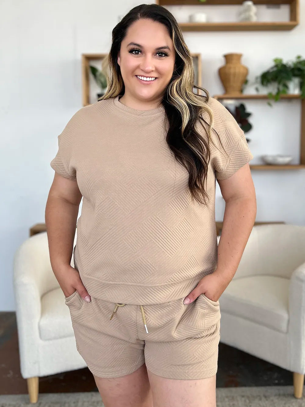 Double Take Full Size Texture Short Sleeve T-Shirt and Drawstring Shorts Set - Ladyez