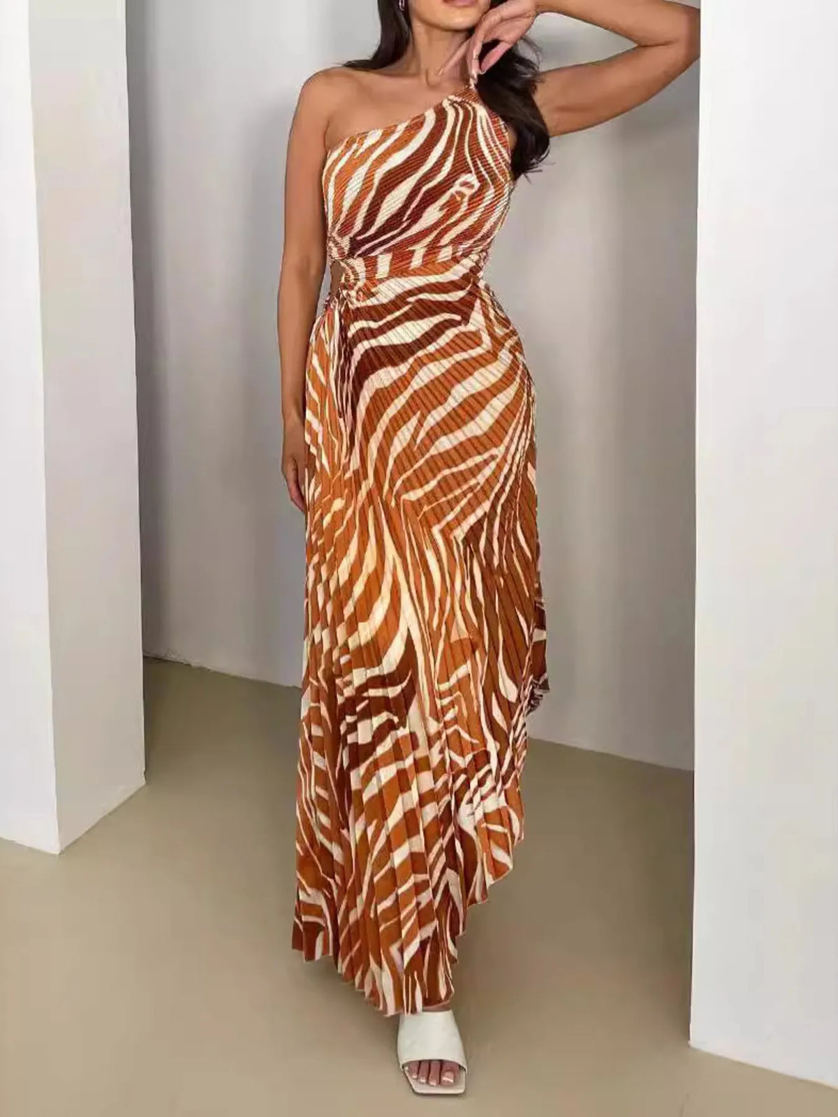 Printed One Shoulder Asymmetrical Maxi Dress - Ladyez