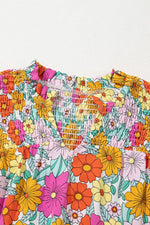 Floral Print Shirred Tiered Ruffled Sleeve Blouse