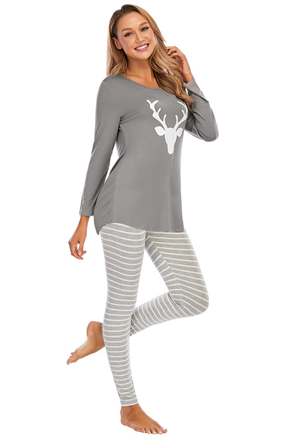 Graphic Round Neck Top and Striped Pants Set - Ladyez