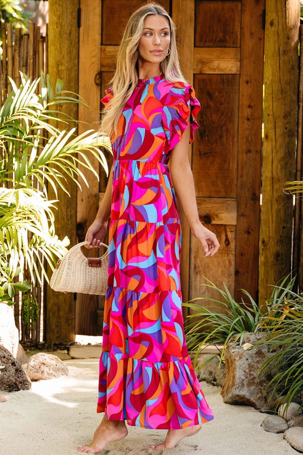 Full Size Printed Ruffled Mock Neck Tiered Dress - Ladyez