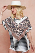 BiBi Stripe Rayon Span Knit Color Block Top With Leopard