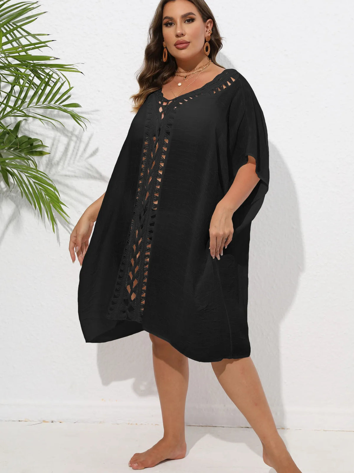 Crochet Trim V-Neck Beach Cover Up Dress - Ladyez