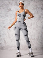 Back Crisscross Tie-Dye Scoop Neck Active Jumpsuit - Ladyez