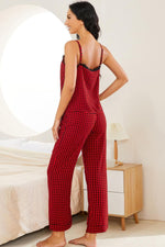 Plaid Lace Trim Cami and Drawstring Pants Pajama Set - Ladyez