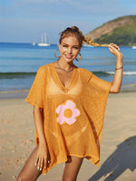 Angel Wings Openwork Flower V-Neck Short Sleeve Cover Up - Ladyez
