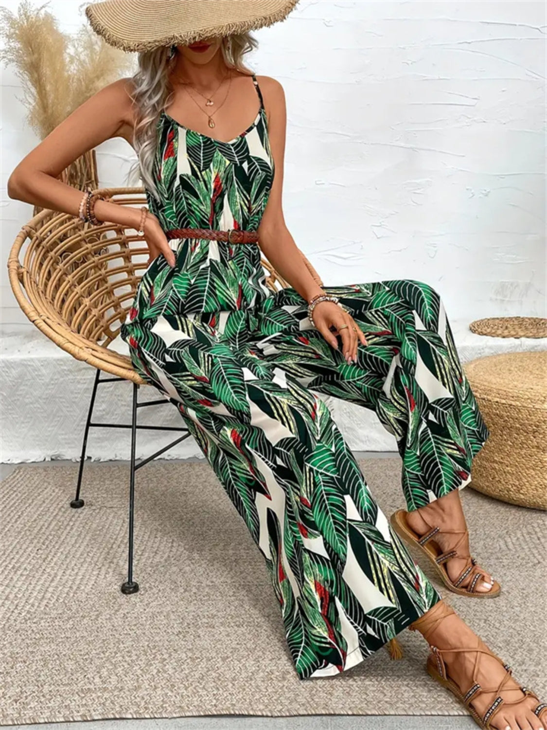 Tropical Print Spaghetti Strap Wide Leg Jumpsuit - Ladyez