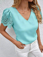 V-Neck Lace Short Sleeve Blouse