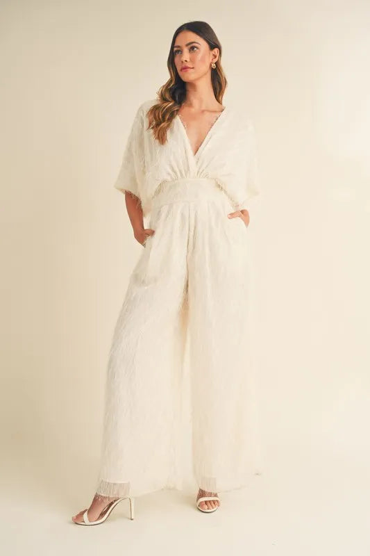 MABLE Fluffy Deep V Neck Wide Leg Jumpsuit - Ladyez