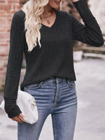V-Neck Ribbed Knit Long Sleeve T-Shirt