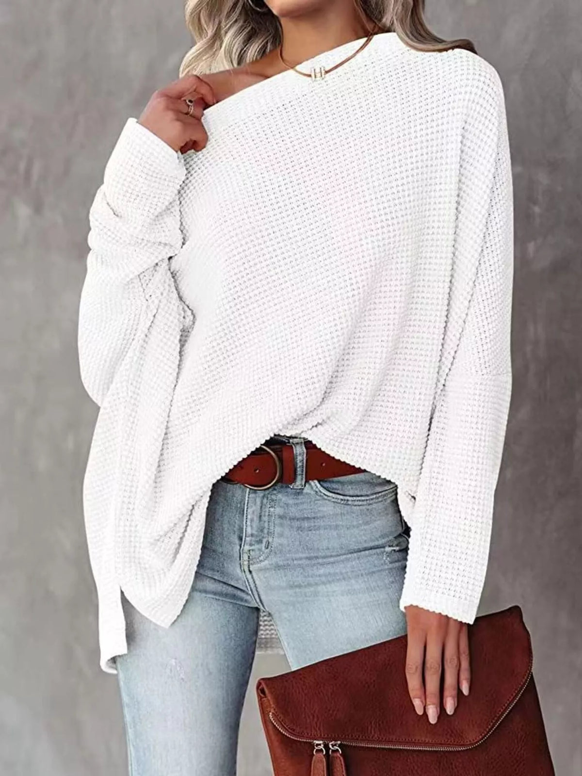 Waffle Knit Boat Neck T-Shirt