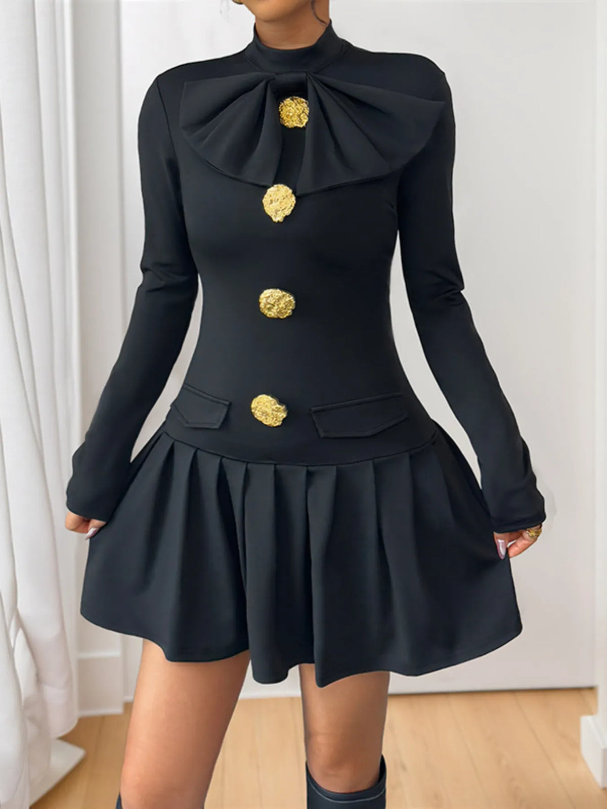 Decorative Button Mock Neck Long Sleeve Mini Dress - Ladyez
