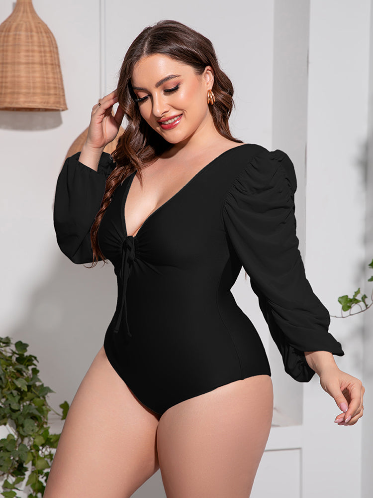 Plus Size Tied Deep V Balloon Sleeve One-Piece Swimsuit - Ladyez
