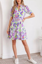 Floral V Collar Short Sleeve Tiered Ruffle Mini Dress