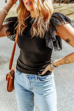 Polka Dot Mesh Sleeve Ribbed Top