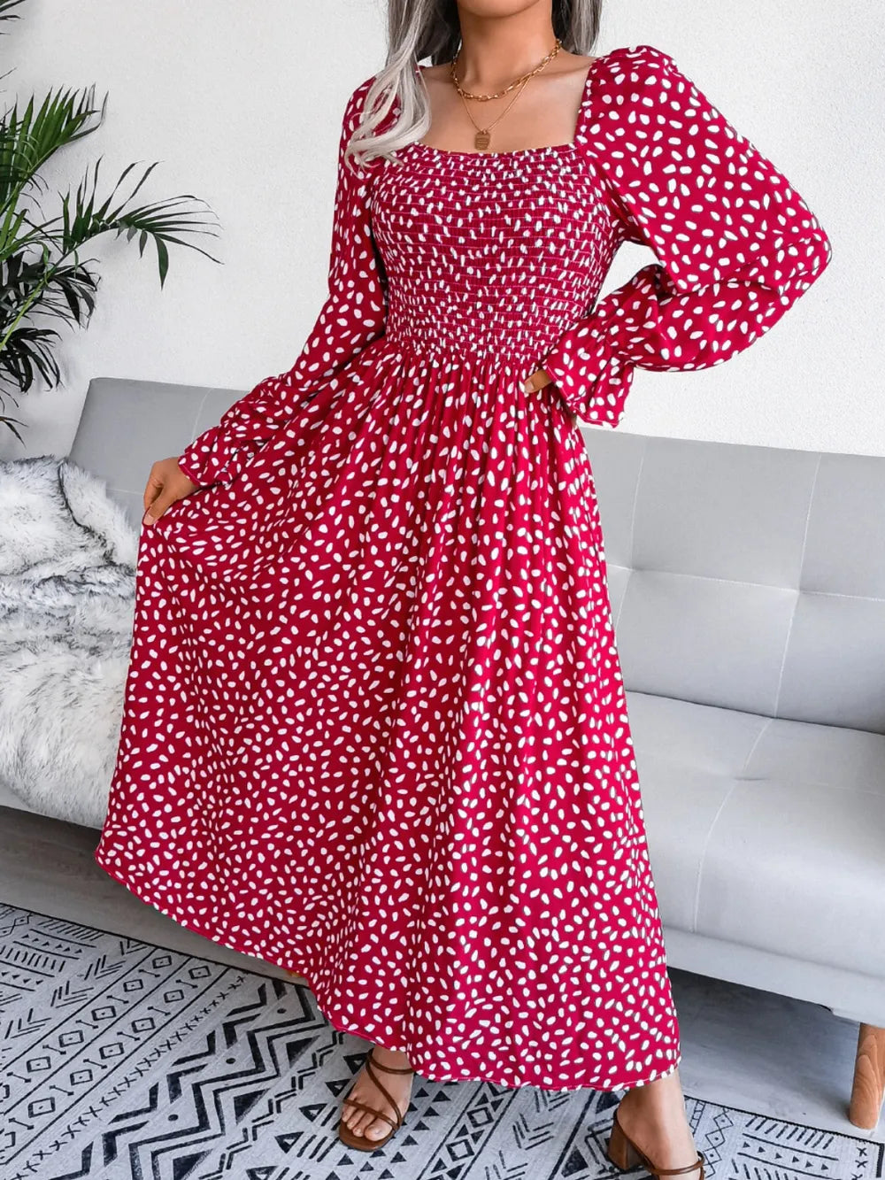 Smocked Square Neck Flounce Sleeve Dress - Ladyez