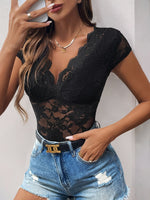Perfee Lace V-Neck Cap Sleeve Bodysuit - Ladyez