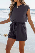 Knit Open Back Cap Sleeve Drawstring Romper - Ladyez