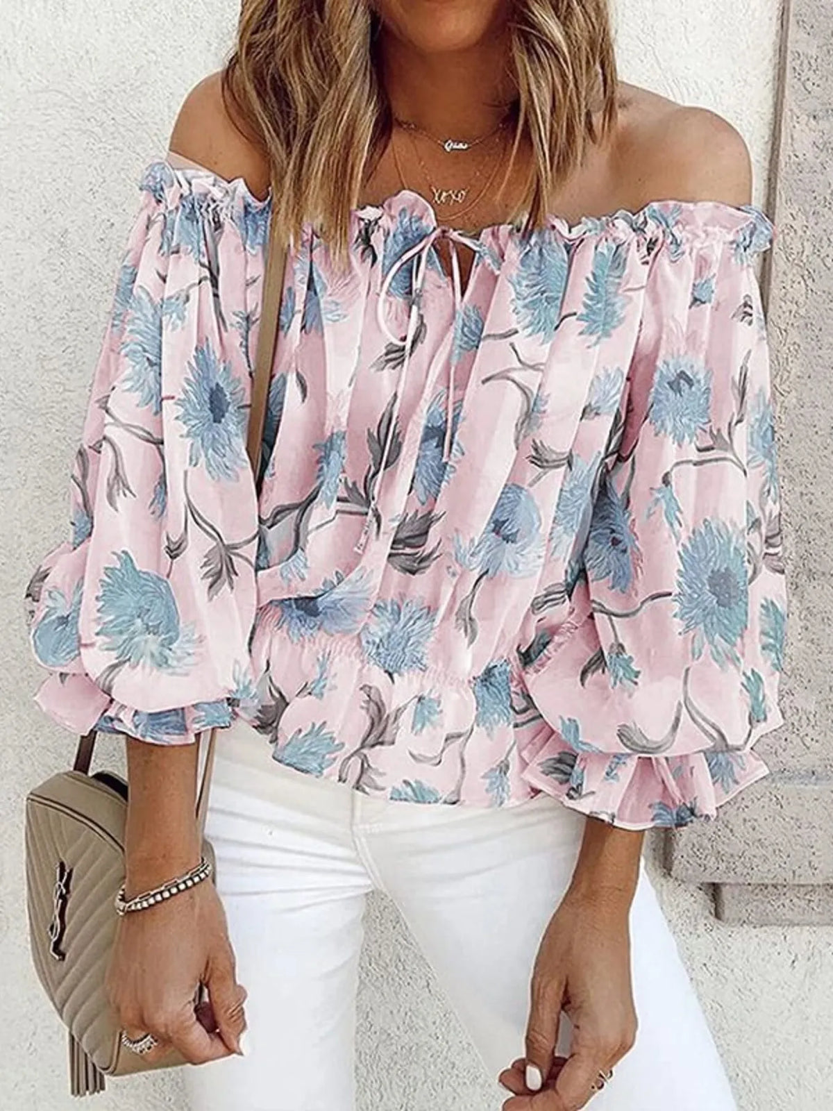 Off-Shoulder Floral Print Blouse - Ladyez