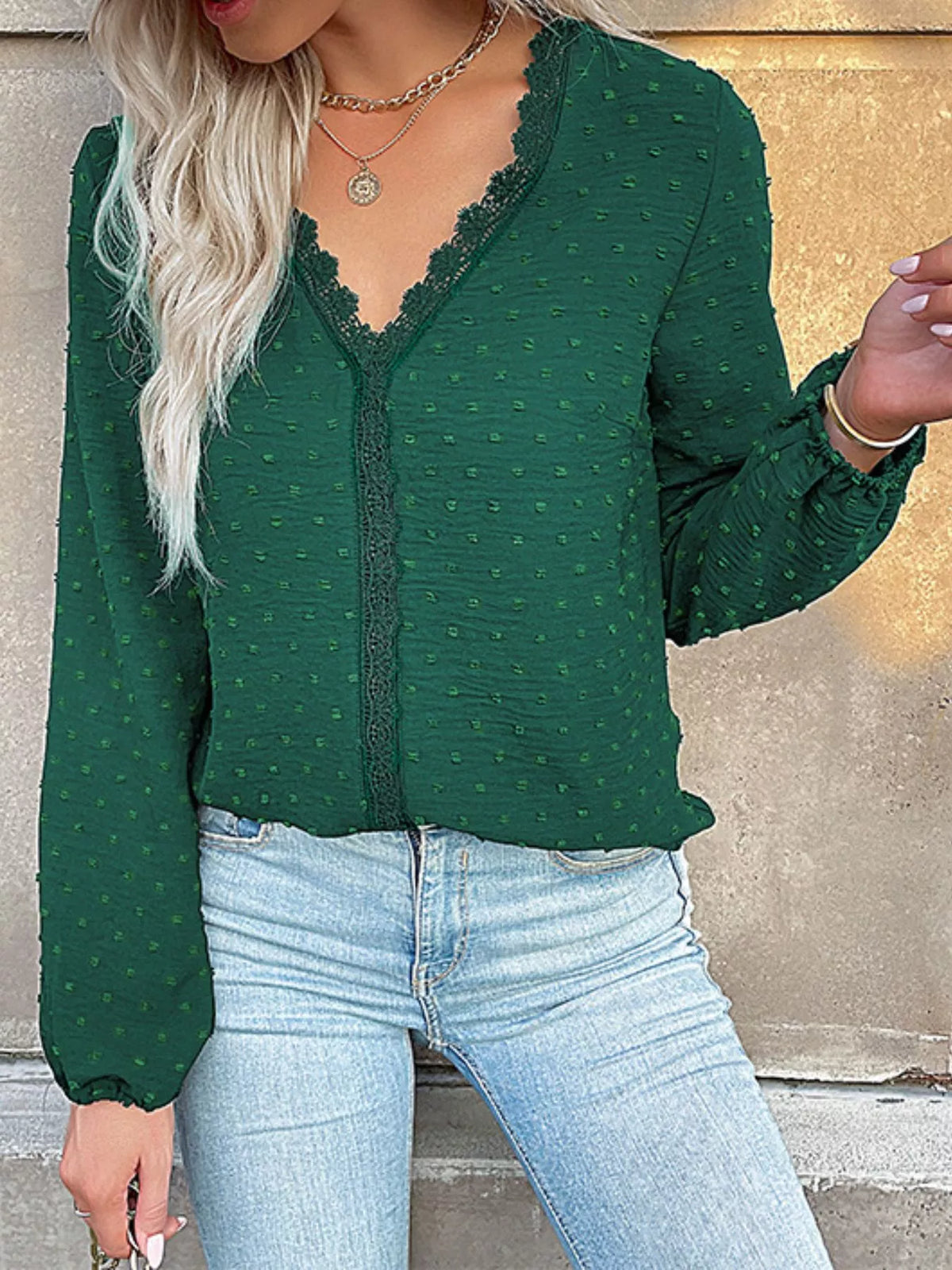 Lace Detail V-Neck Long Sleeve Blouse