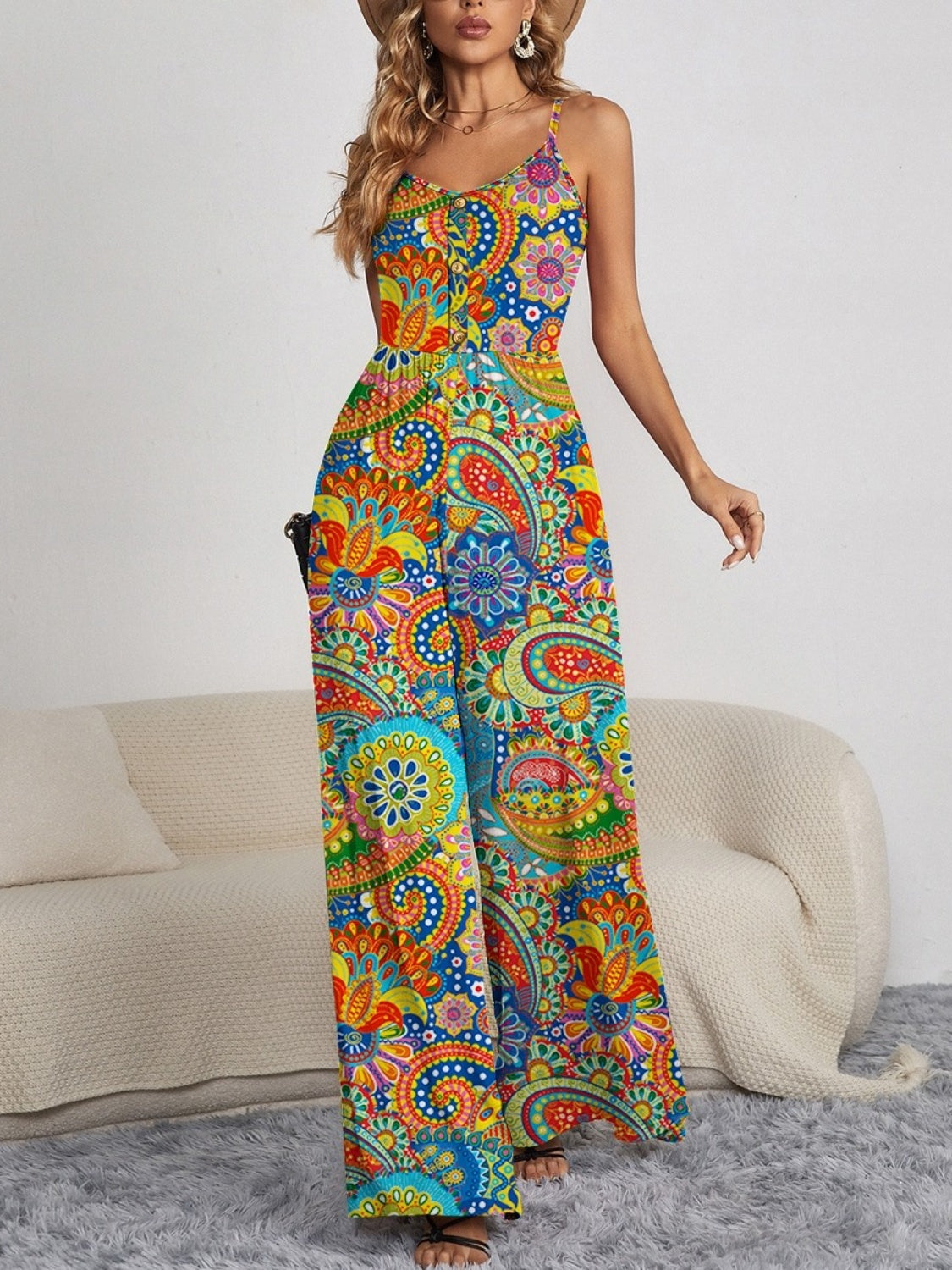 FAM-FAM Decorative Button Spaghetti Strap Wide Leg Jumpsuit - Ladyez