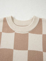 Checkered Pattern Ribbed Trim Knit Baggy Sweater