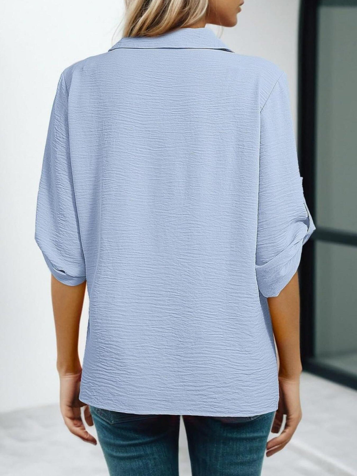 Johnny Collar Roll-Up Sleeve Blouse