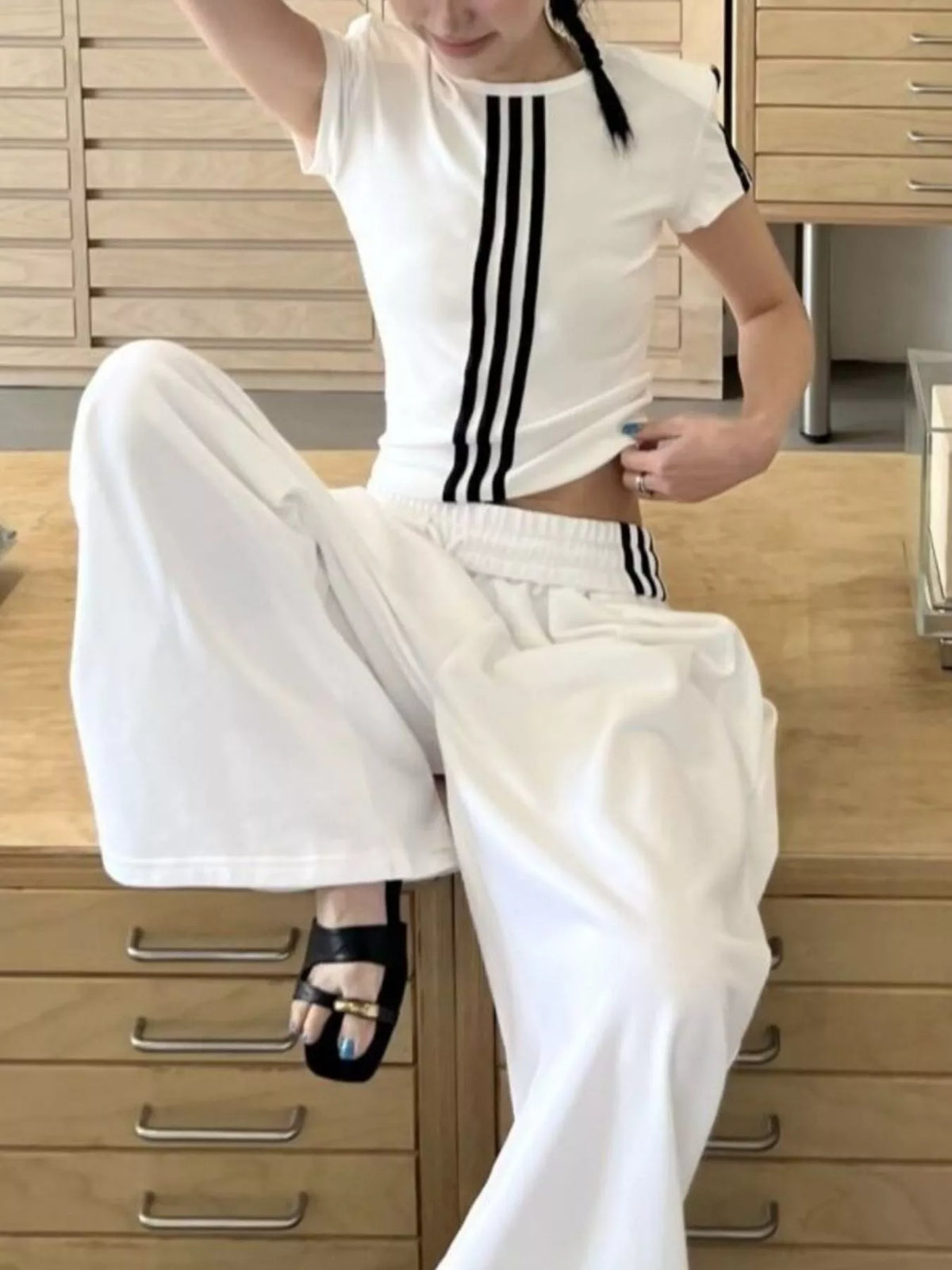 Full Size Striped Crop Top & Wide Leg Pants Set Plus Size